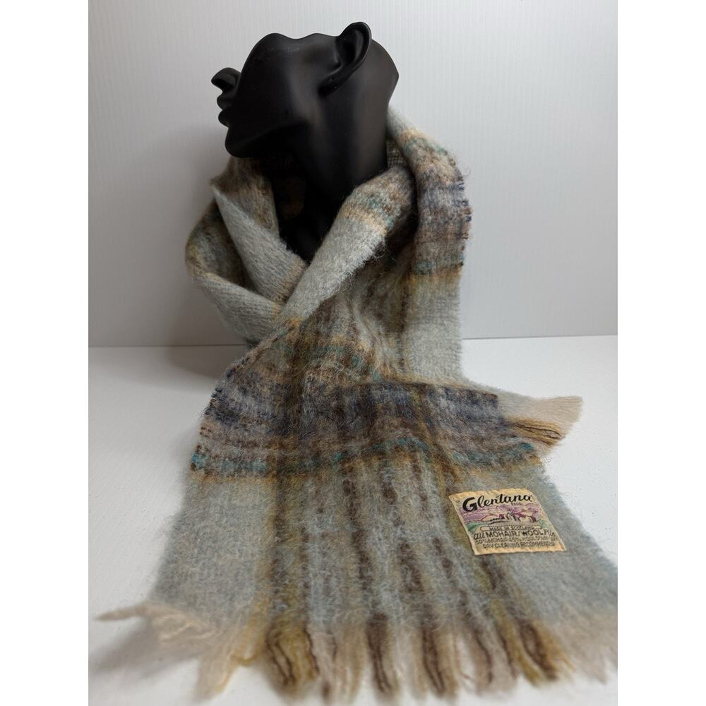 Vintage Glentana Scotland Mohair & Wool Blend Scarf Tartan Plaid Earth Tones 40"
